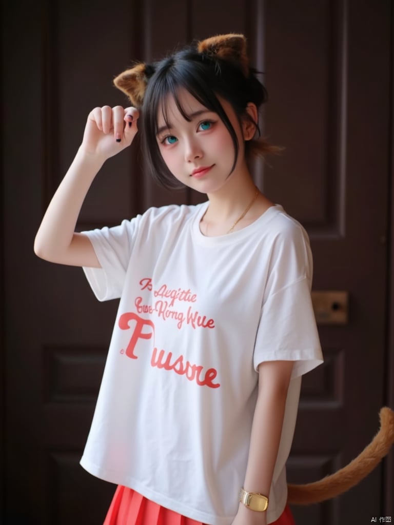 A girl with cute cat ears,A close-up shot frames the Asian woman standing confidently in front of a dark brown door, her striking features illuminated by soft, warm lighting. She wears a crisp white t-shirt and a red-lettered 'F' skirt, with her short, dark hair styled neatly. Her piercing blue eyes seem to sparkle, as she raises her left hand to the air, adding a burst of vibrant color to the composition.