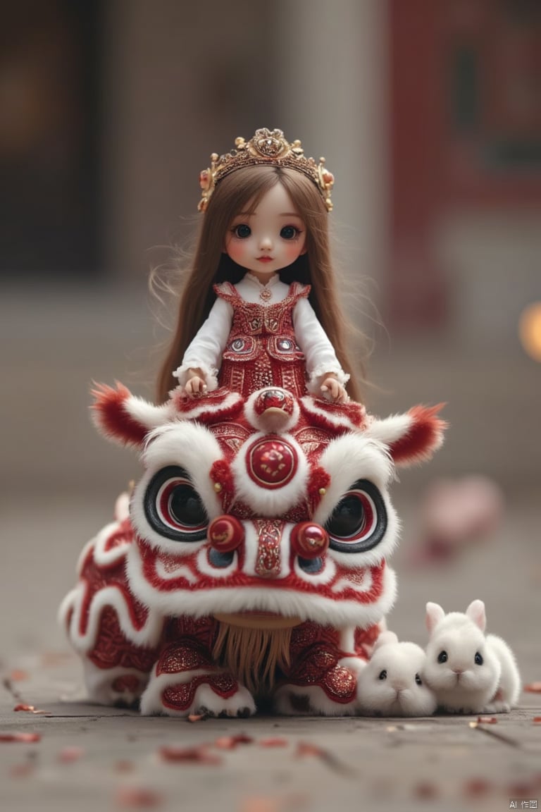 a porcelain doll, dressed in a red and white dress, sits atop a dragon-like creature. The creature, adorned with a large white face, is adorned with red accents. Its head is encircled by a large black circle, adding a touch of contrast to the scene. The doll's long, brown hair, and a brown crown, adds a pop of color to the otherwise monochromatic scene. Two small white rabbits are positioned to the right of the doll, while the rest of the scene is blurred in the background.,lion dance