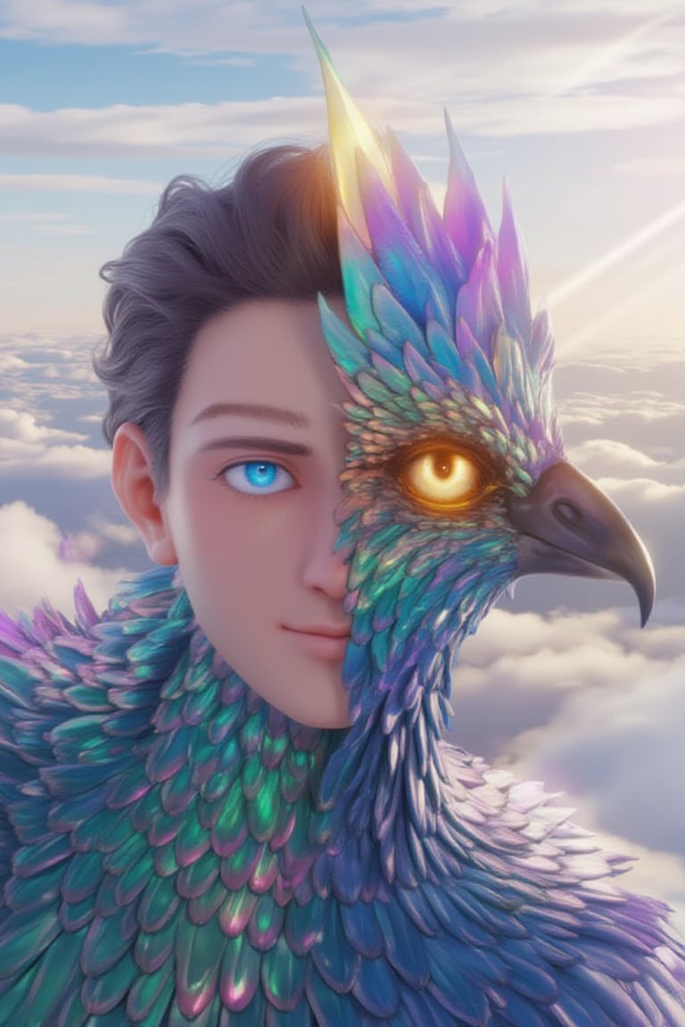 A 3D render of a human chimera with one half of the face human and the other half covered in iridescent feathers. The chimera is soaring above the clouds, with a bright, clear blue human eye and an intense golden avian eye. The background contains soft, fluffy clouds and beams of sunlight breaking through.,FaDual