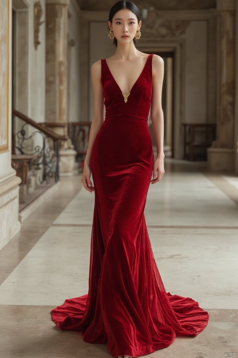 Valentino Garavani,Model: An Asian woman wearing a stunning,red velvet evening gown with a plunging neckline and a sweeping train.,Model: An Asian woman wore a stunning red velvet evening gown with a low-cut design and a long trailing pendulum.,Description: The model is photographed in a majestic castle hall,with marble floors and high ceilings. The designer used a Canon EOS R5 with a 100mm macro lens to showcase the rich texture of the velvet and the intricate beading.,Caption: Models are photographed in a magnificent castle hall with marble floors and soaring ceilings. The designer used the Canon EOS R5 with a 100mm macro lens to showcase the rich texture of velvet and fine beading.,