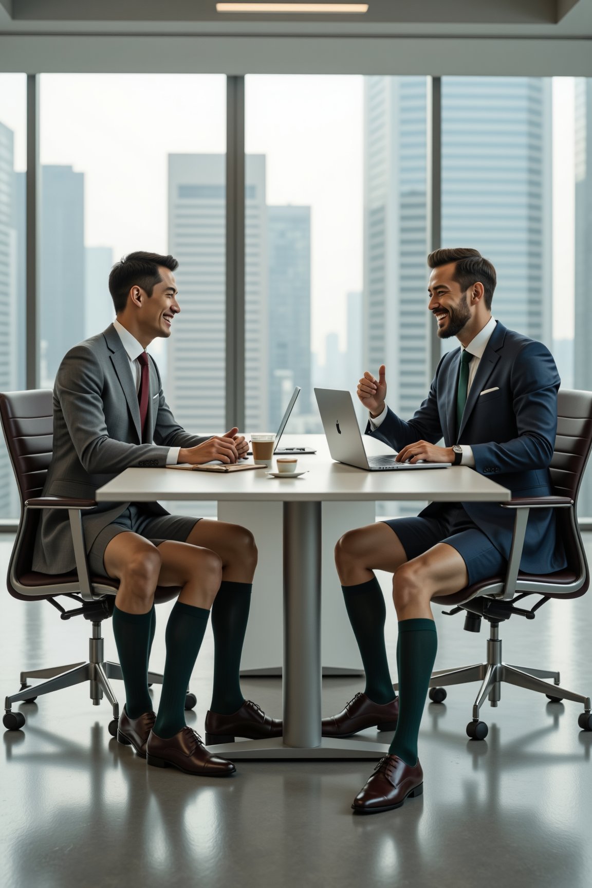 Two handsome businessmen in their 30s, different ethnicity, sitting in a modern office boardroom. They're wearing contrasting suits: the Asian man in charcoal grey, the European in navy blue. Both sport crisp white dress shirts with distinct silk ties - a deep burgundy for the Asian man and forest green for the European.

Strikingly, they're wearing tailored Bermuda shorts instead of full-length trousers, revealing their muscular legs. Their feet are adorned with shiny Oxford shoes and bold,  black kneehigh socks. 

The men are engaged in animated conversation, laughing and gesturing as they sit at a sleek conference table. Their faces are highly detailed and realistic, showcasing warm, genuine expressions. The Asian man has short black hair and dark brown eyes, while the European has light brown hair and blue eyes.

The boardroom features floor-to-ceiling windows flooding the space with natural light, highlighting the men's unconventional attire. Reflections of a city skyline are visible in the windows, suggesting a high-rise office building.

Modern, minimalist furniture surrounds them, including ergonomic chairs and a state-of-the-art presentation screen. On the table, there are sleek laptops, notepads, and two cups of coffee, adding to the professional yet relaxed atmosphere.

The overall scene is captured in a masterful photorealistic style, with impeccable lighting and composition, resembling a high-end corporate photography shoot. The image should convey a blend of professionalism, cultural diversity, and quirky charm, emphasizing the contrast between formal upper bodies and casual lower bodies