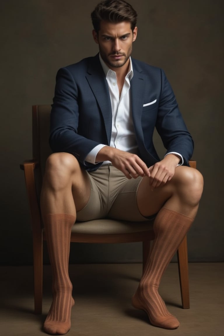 handsome suit man with bermuda shorts in 30s, sitting on a chair and wearing socks and adjusting his socks, otc socks with vertical strips, medium thickness legs, realistic, masterpiece of photography, highly detailed face, full portrait