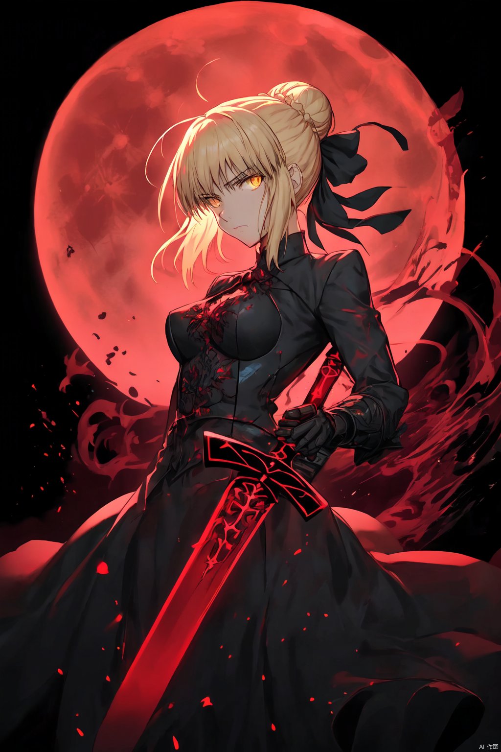 red moon on the sky,1girl, solo, breasts, looking at viewer, bangs, blonde hair, gloves, long sleeves, dress, ribbon, holding, medium breasts, hair ribbon, yellow eyes, weapon, sidelocks, sword, hair bun, holding weapon, black dress, glowing, holding sword, single hair bun, black background, serious, glowing weapon, glowing sword, excalibur morgan \(fate\), artoria pendragon \(fate\), saber alter