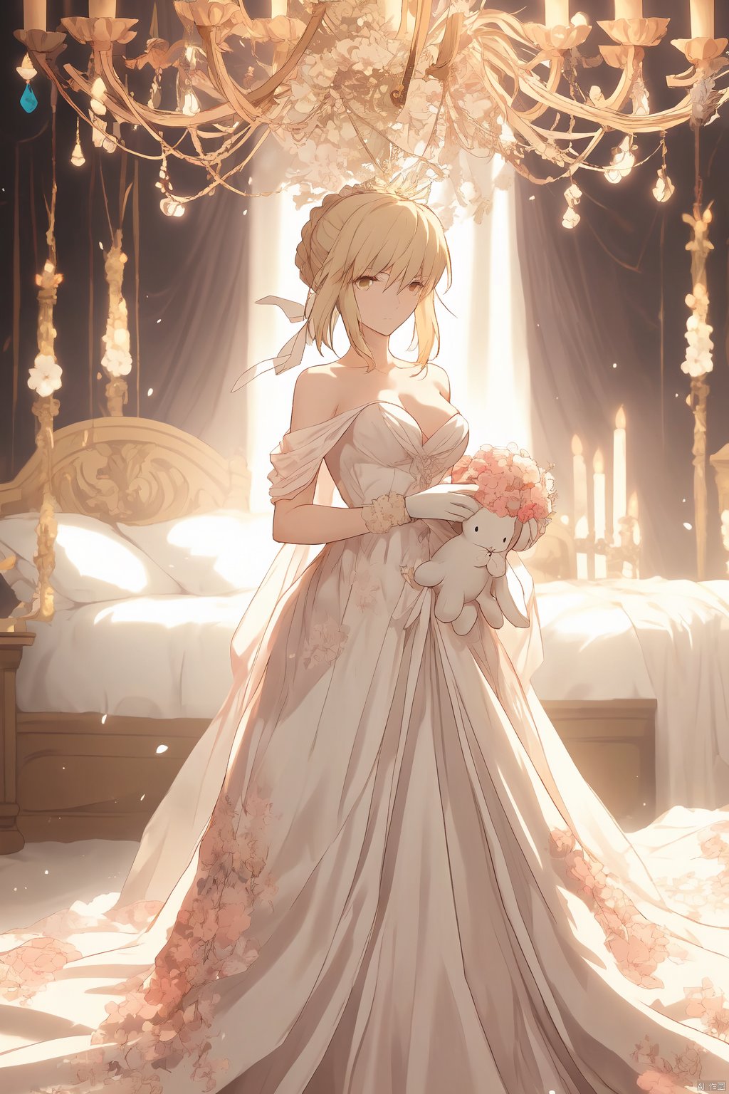 A serene Artoria Pendragon from Fate, adorned in a strapless white gown, cradles a white rabbit in her left hand as she stands before a pink-hued bed. A delicate white ribbon-trimmed shawl drapes across her arm. The soft glow of a chandelier casts a warm ambiance on the scene, illuminating the wreath of flowers on her head.