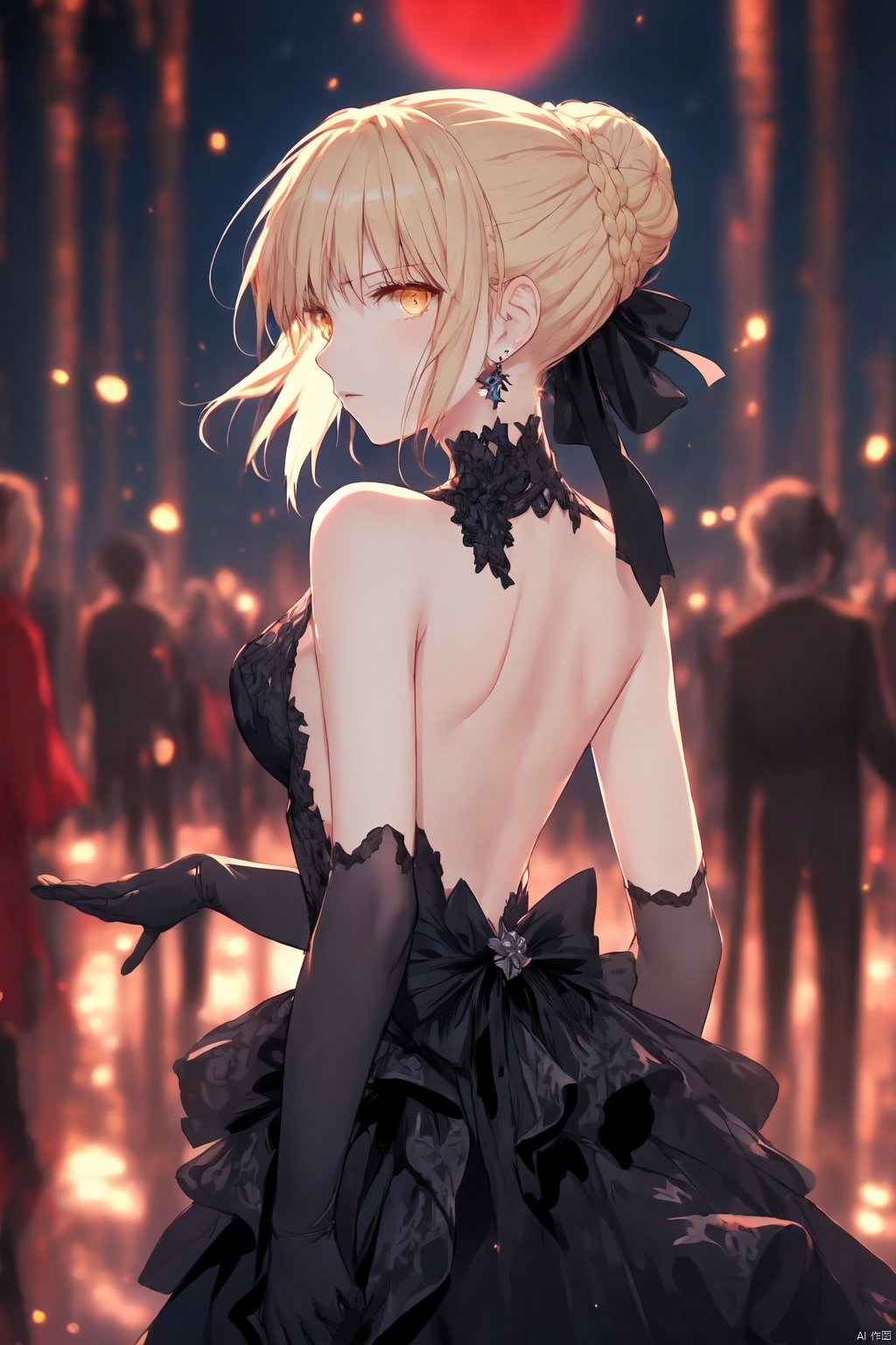 red moon on the sky,1girl, breasts, looking at viewer, short hair, bangs, blonde hair, hair ornament, gloves, dress, bow, ribbon, bare shoulders, jewelry, medium breasts, closed mouth, standing, yellow eyes, braid, hair bow, sidelocks, earrings, sleeveless, solo focus, black gloves, elbow gloves, looking back, from behind, blurry, black dress, black bow, sleeveless dress, depth of field, blurry background, single hair bun, french braid, backless outfit, backless dress, updo, artoria pendragon \(fate\), saber alter