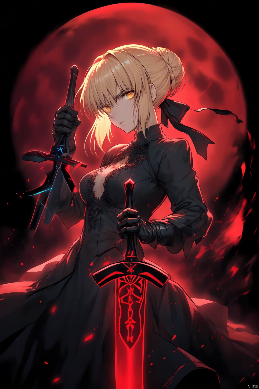 red moon on the sky,1girl, solo, breasts, looking at viewer, bangs, blonde hair, gloves, long sleeves, dress, ribbon, holding, medium breasts, hair ribbon, yellow eyes, weapon, sidelocks, sword, hair bun, holding weapon, black dress, glowing, holding sword, single hair bun, black background, serious, glowing weapon, glowing sword, excalibur morgan \(fate\), artoria pendragon \(fate\), saber alter