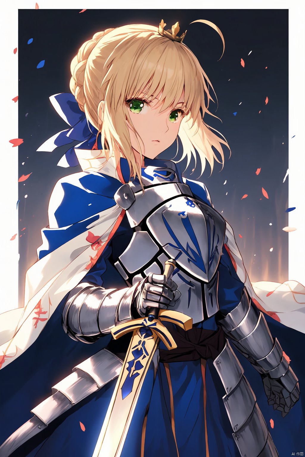 1girl, solo, looking at viewer, short hair, bangs, blonde hair, long sleeves, dress, bow, ribbon, holding, closed mouth, green eyes, standing, hair ribbon, weapon, braid, flower, ahoge, hair bow, sidelocks, frills, sword, hair bun, cape, holding weapon, armor, blue dress, blue bow, holding sword, crown, blue ribbon, gauntlets, sheath, french braid, breastplate, armored dress, blue cape, artoria pendragon \(fate\), saber