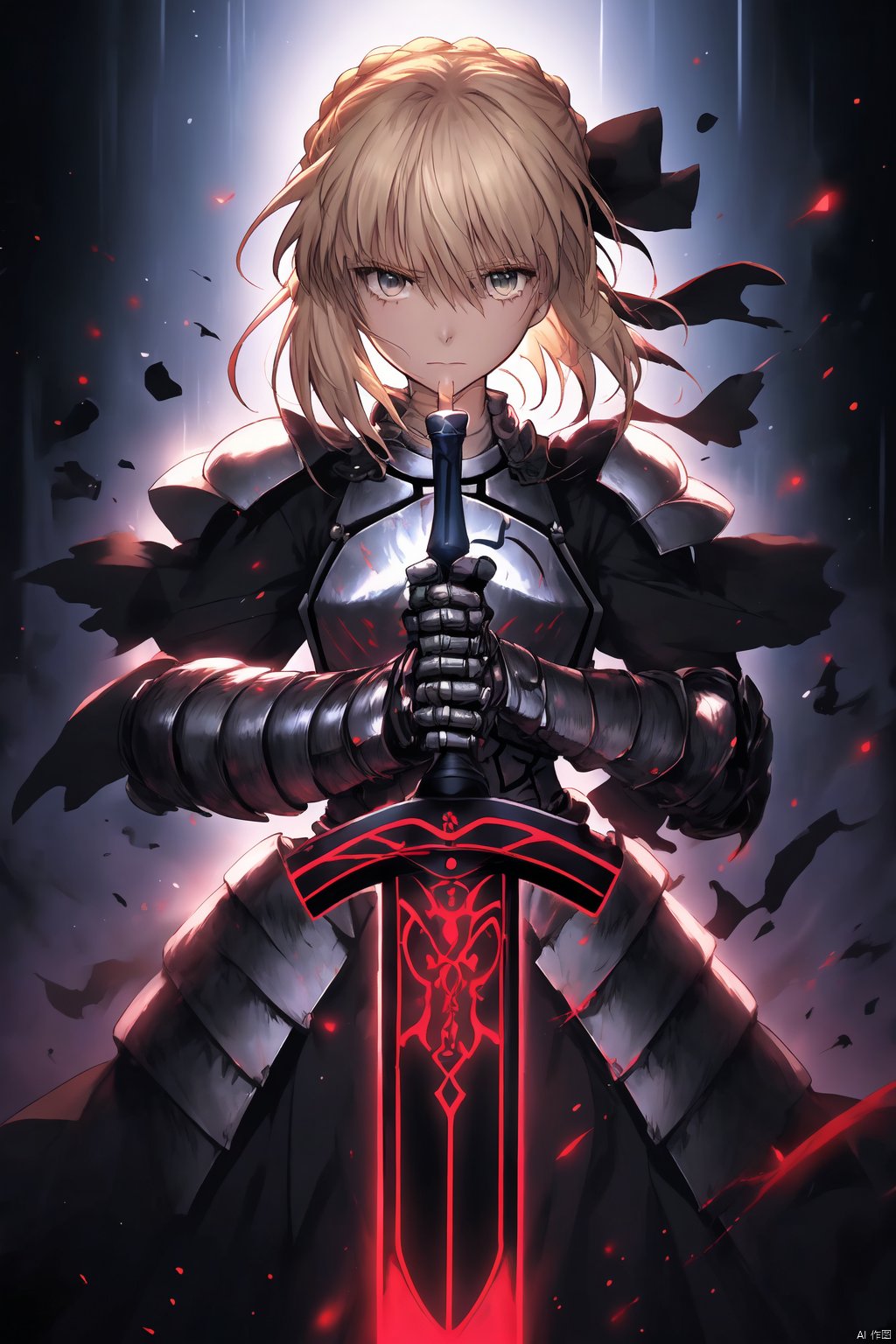 1girl, solo, looking at viewer, short hair, bangs, blonde hair, dress, holding, hair between eyes, closed mouth, standing, weapon, braid, sidelocks, sword, holding weapon, armor, black dress, glowing, holding sword, gauntlets, breastplate, armored dress, aura, excalibur morgan \(fate\), hands on hilt, artoria pendragon \(fate\), saber alter