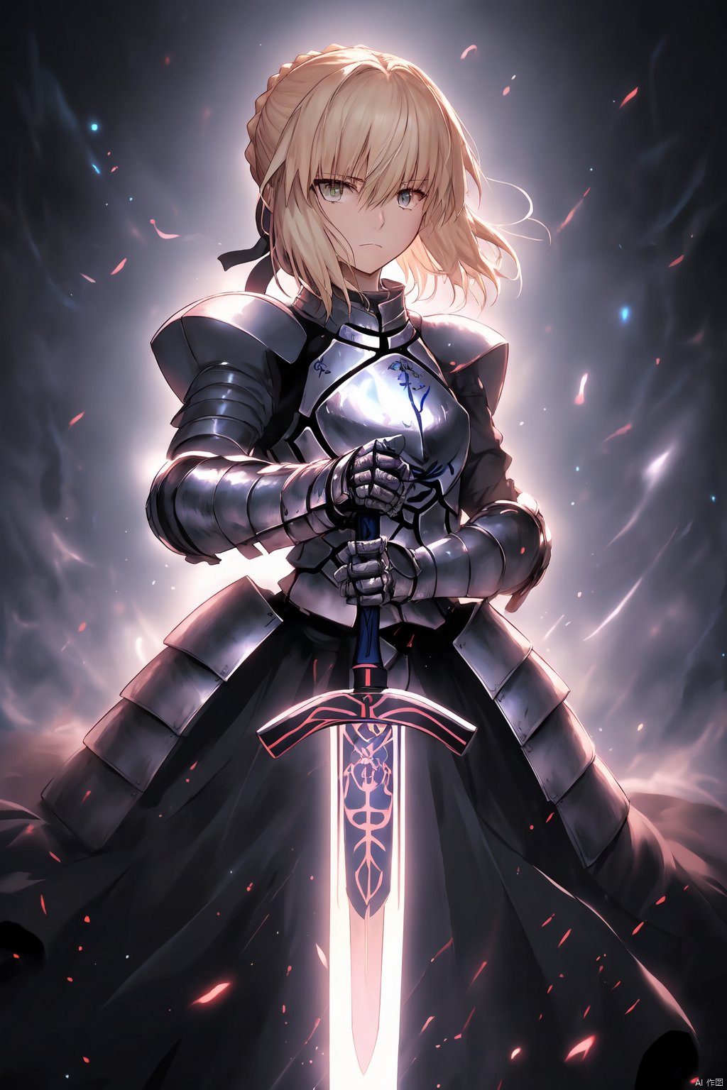 1girl, solo, looking at viewer, short hair, bangs, blonde hair, dress, holding, hair between eyes, closed mouth, standing, weapon, braid, sidelocks, sword, holding weapon, armor, black dress, glowing, holding sword, gauntlets, breastplate, armored dress, aura, excalibur morgan \(fate\), hands on hilt, artoria pendragon \(fate\), saber alter