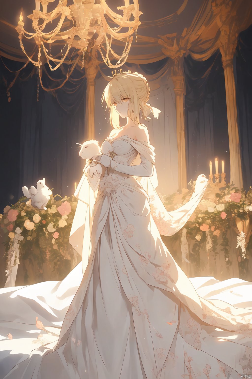 A serene Artoria Pendragon from Fate, adorned in a strapless white gown, cradles a white rabbit in her left hand as she stands before a pink-hued bed. A delicate white ribbon-trimmed shawl drapes across her arm. The soft glow of a chandelier casts a warm ambiance on the scene, illuminating the wreath of flowers on her head.