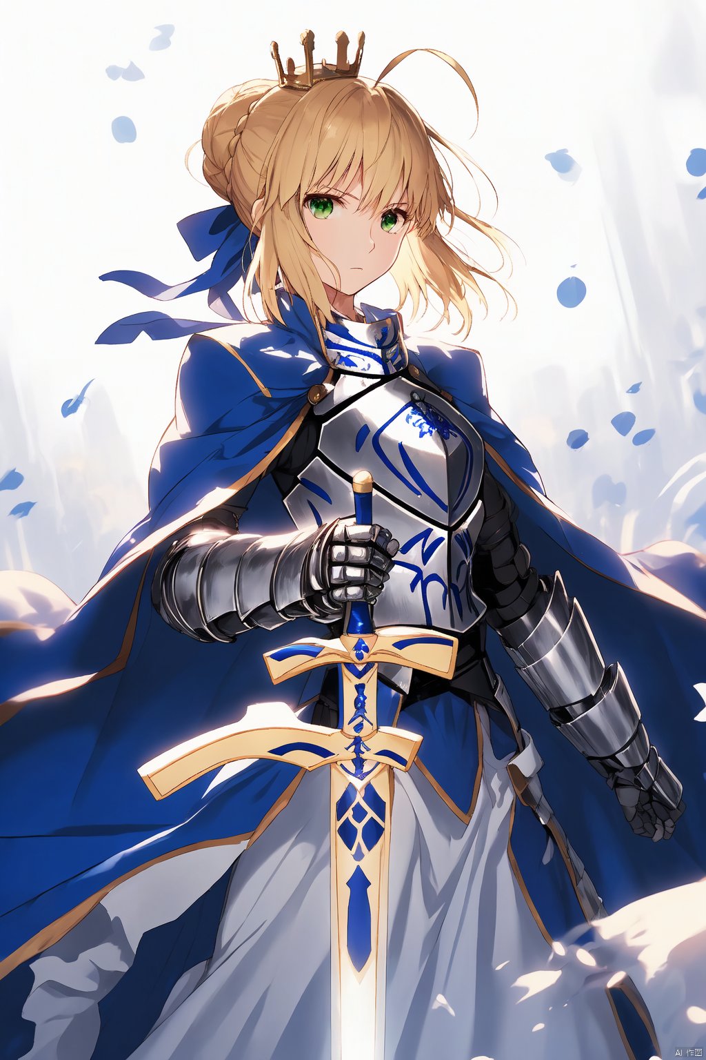 1girl, solo, looking at viewer, short hair, bangs, blonde hair, long sleeves, dress, bow, ribbon, holding, closed mouth, green eyes, standing, hair ribbon, weapon, braid, flower, ahoge, hair bow, sidelocks, frills, sword, hair bun, cape, holding weapon, armor, blue dress, blue bow, holding sword, crown, blue ribbon, gauntlets, sheath, french braid, breastplate, armored dress, blue cape, artoria pendragon \(fate\), saber