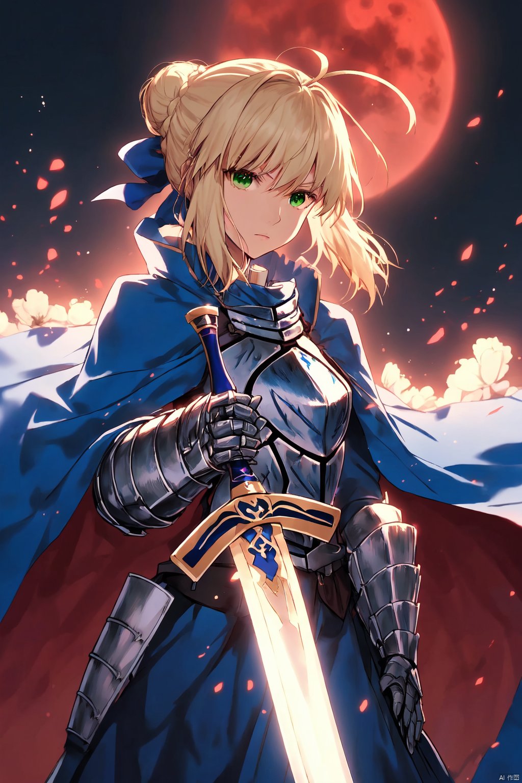 red moon on the sky,1girl, solo, looking at viewer, short hair, bangs, blonde hair, long sleeves, dress, bow, ribbon, holding, closed mouth, green eyes, standing, hair ribbon, weapon, braid, flower, ahoge, hair bow, sidelocks, frills, sword, hair bun, cape, holding weapon, armor, blue dress, blue bow, holding sword, crown, blue ribbon, gauntlets, sheath, french braid, breastplate, armored dress, blue cape, artoria pendragon \(fate\), saber