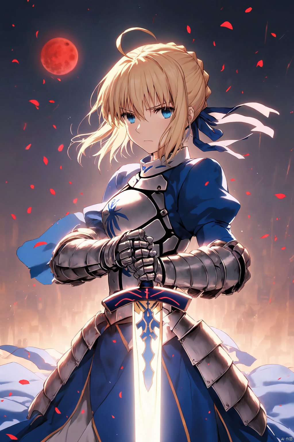 red moon on the sky,1girl, solo, looking at viewer, bangs, blue eyes, blonde hair, long sleeves, dress, ribbon, holding, hair between eyes, closed mouth, hair ribbon, weapon, braid, flower, ahoge, sidelocks, puffy sleeves, sword, holding weapon, armor, petals, blue dress, chain, holding sword, blue ribbon, wind, gauntlets, french braid, serious, breastplate, armored dress, excalibur \(fate/stay night\), artoria pendragon \(fate\), saber