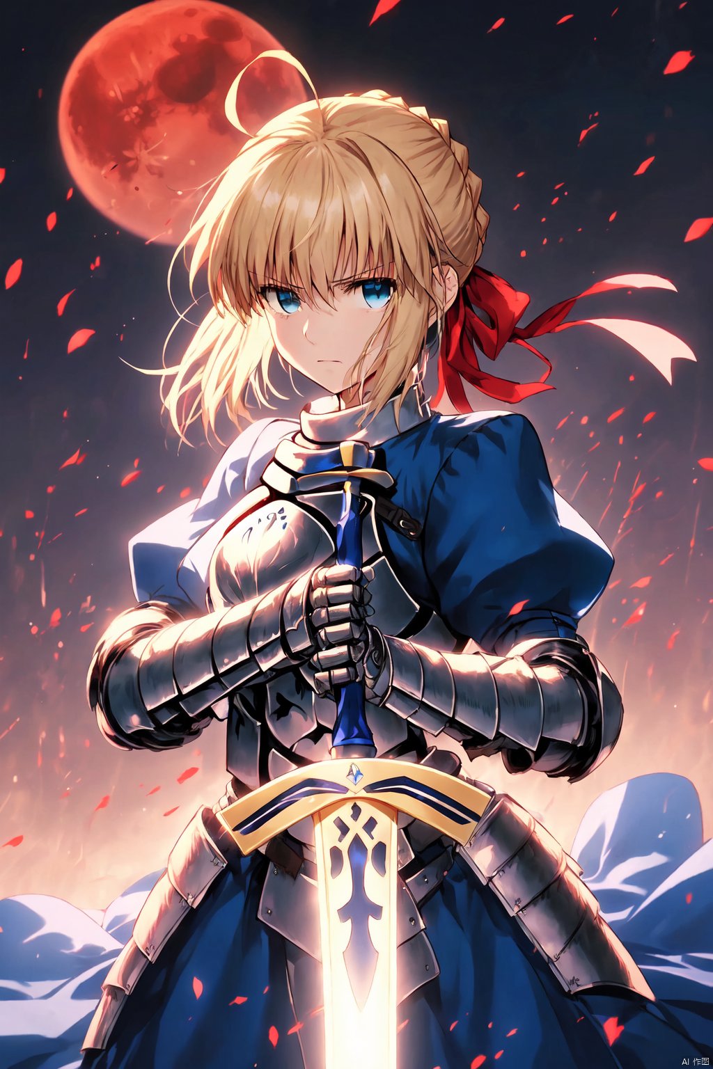 red moon on the sky,1girl, solo, looking at viewer, bangs, blue eyes, blonde hair, long sleeves, dress, ribbon, holding, hair between eyes, closed mouth, hair ribbon, weapon, braid, flower, ahoge, sidelocks, puffy sleeves, sword, holding weapon, armor, petals, blue dress, chain, holding sword, blue ribbon, wind, gauntlets, french braid, serious, breastplate, armored dress, excalibur \(fate/stay night\), artoria pendragon \(fate\), saber