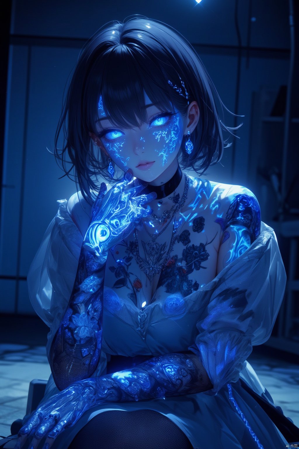 1girl, solo, looking at viewer, short hair, bangs, blue eyes, jewelry, sitting, indoors, tattoo, night, glowing, piercing, ear piercing, glowing eyes, head rest, blue theme,uvtattoo