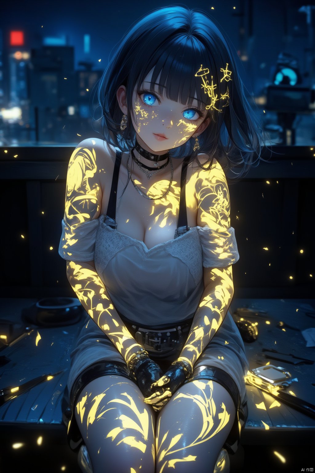 1girl, solo, looking at viewer, short hair, bangs, blue eyes, jewelry, sitting, indoors, tattoo, night, glowin,, glowing eyes, head rest, yellow theme,uvtattoo