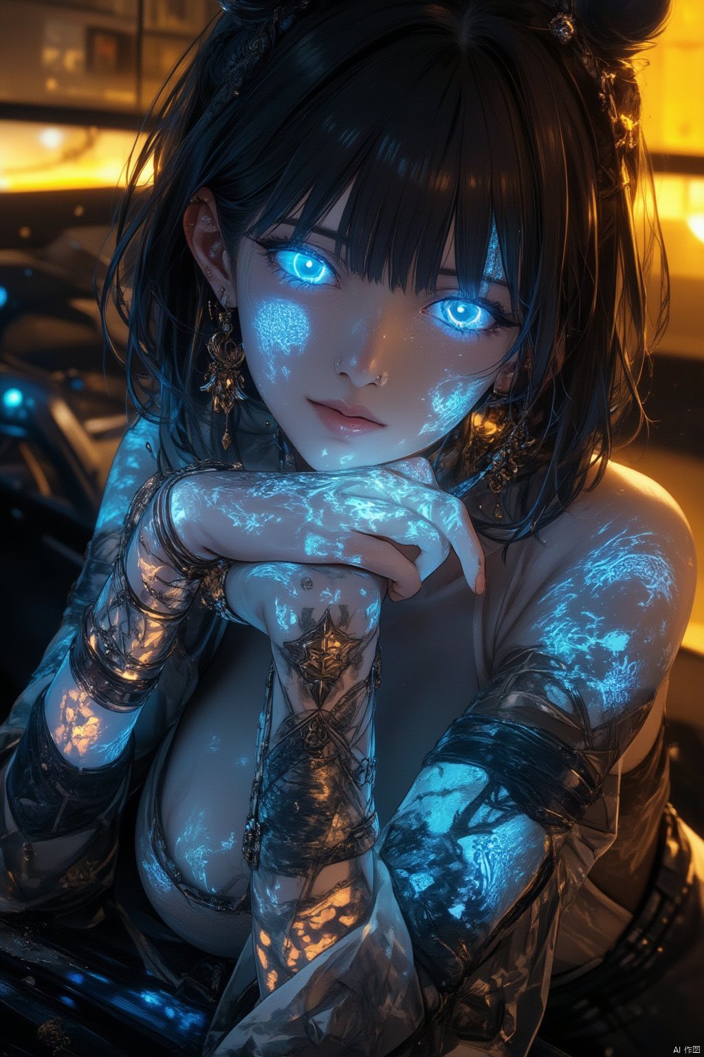 1girl, solo, looking at viewer, short hair, bangs, blue eyes, jewelry, sitting, indoors, tattoo, night, glowing, piercing, ear piercing, glowing eyes, head rest, yellow theme,uvtattoo