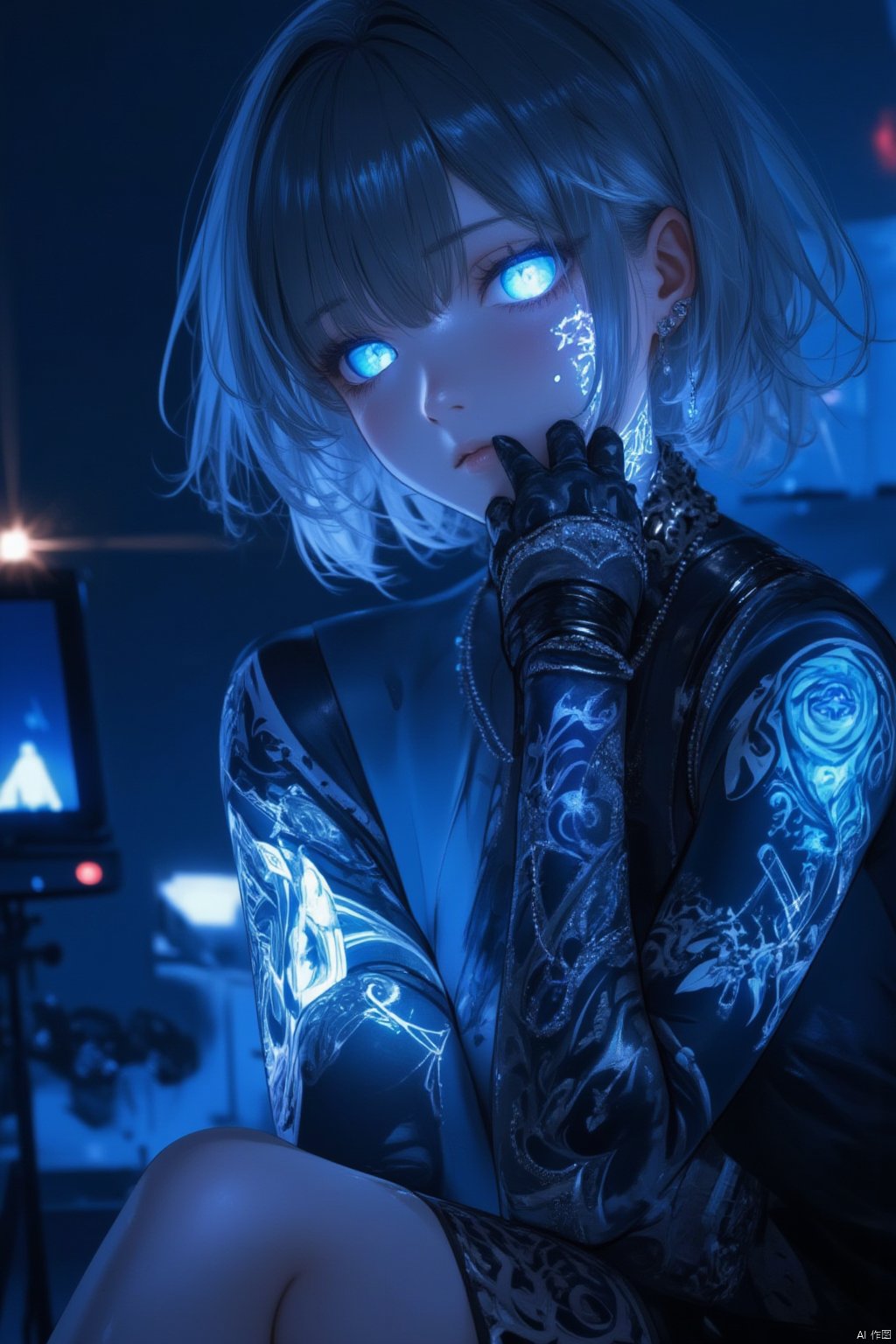 1girl, solo, looking at viewer, short hair, bangs, blue eyes, jewelry, sitting, indoors, tattoo, night, glowing, piercing, ear piercing, glowing eyes, head rest, blue theme,uvtattoo