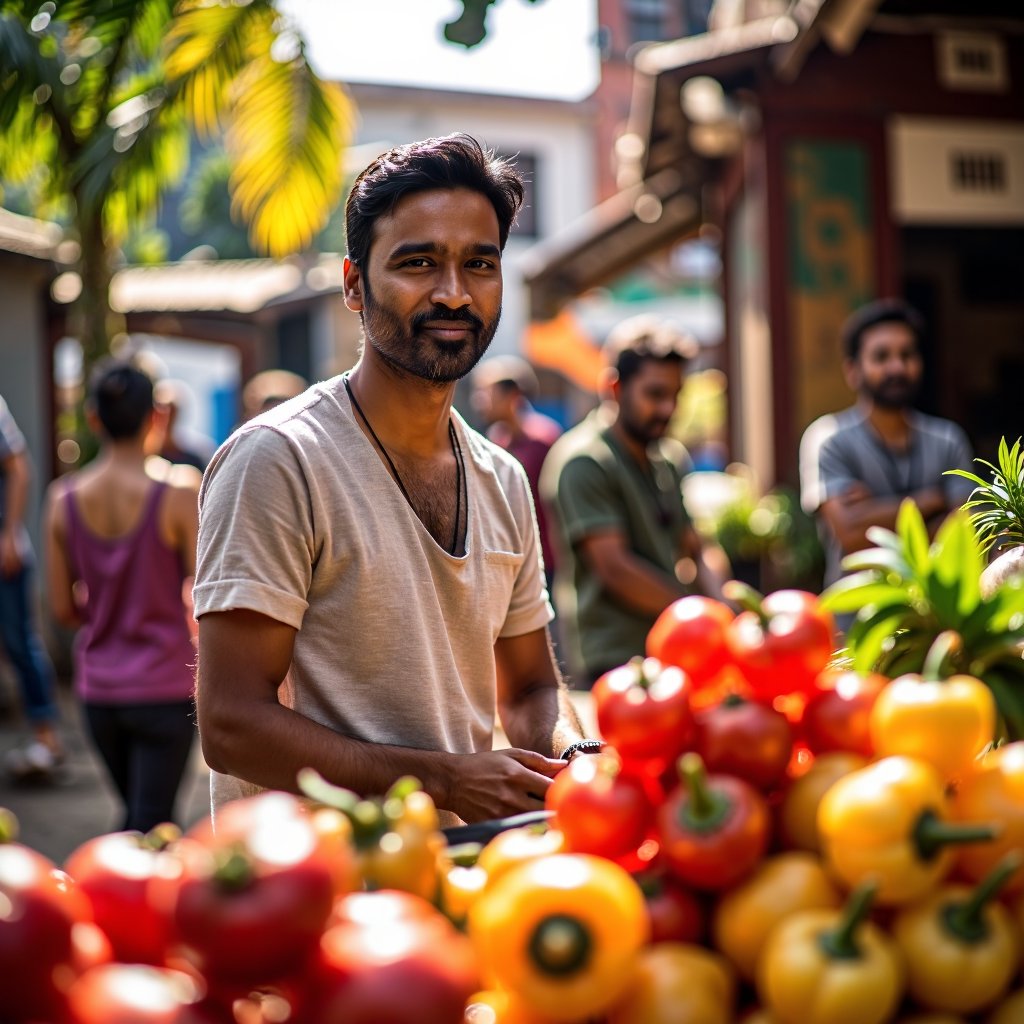 A vibrant scene: Dhanush standing behind a colorful array of fresh vegetables at a bustling market, his hands expertly arranging the produce as he enthusiastically greets customers. Warm sunlight casts a golden glow on the scene, with the sounds of chatter and haggling vendors creating a lively atmosphere. Dhanush's bright smile and warm demeanor invite passersby to explore the vibrant display.