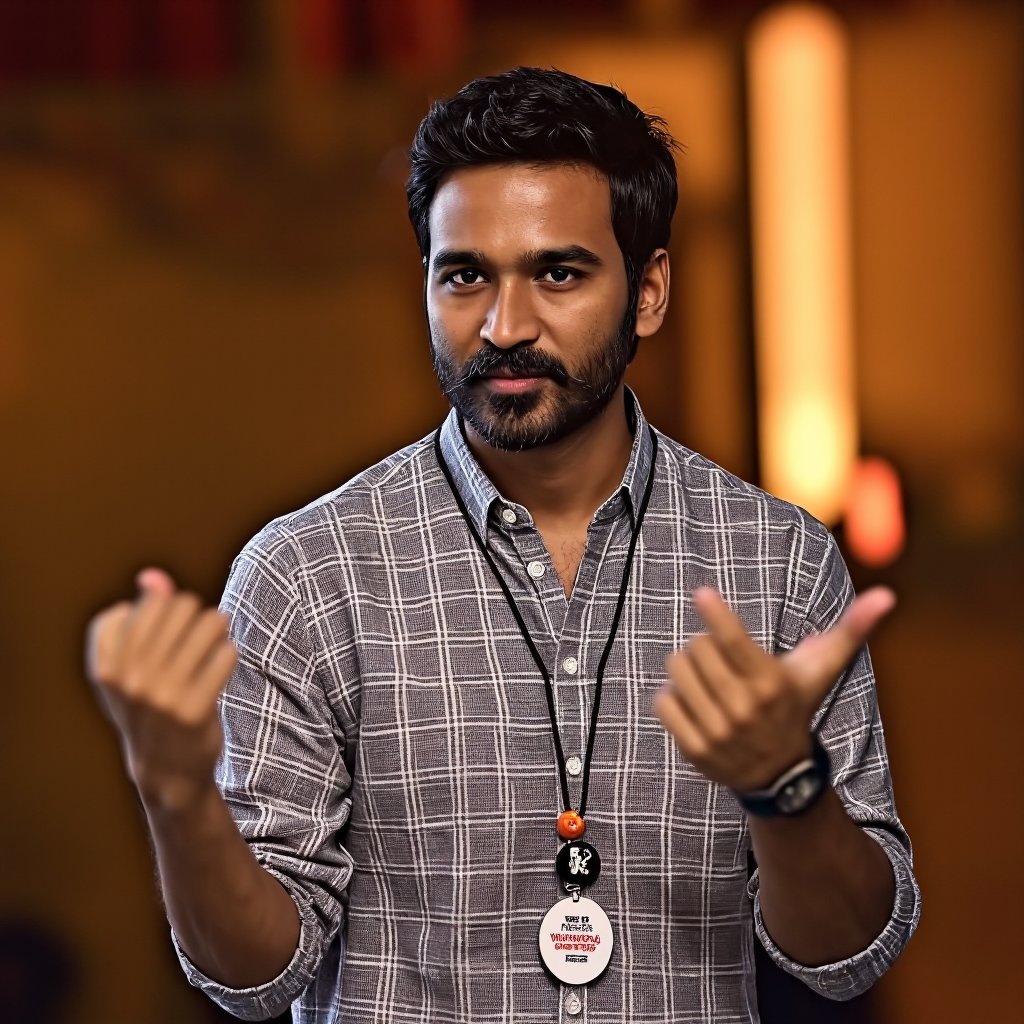 portrait of a Dhanush with dark hair, wearing a checkered shirt and a lanyard with a badge, gesturing expressively with both hands, set against a softly blurred background of warm earth tones, natural light illuminating the scene, highlighting the textures of the shirt and the contours of the hands, creating a candid and dynamic atmosphere, capturing a moment of engagement or presentation, emphasizing realism and detail in a hyperrealistic style.