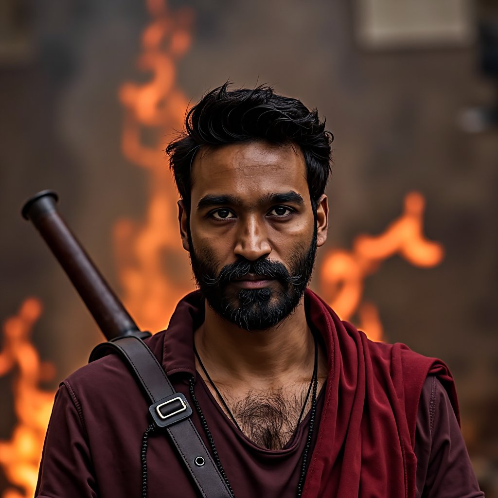 dhanush dressed in Iron Age attire, centrally placed with a direct gaze at the camera. The background features iron-age furnaces and early military technology. Position dhanush's head and shoulders in the center with appropriate proportions