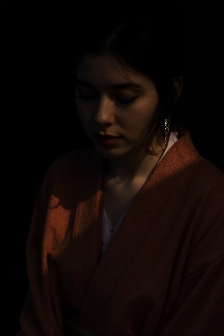 A Japanese woman, softly illuminated from the side, her face partially hidden in shadow, her traditional kimono blending into the dark background, lowkey_shot.