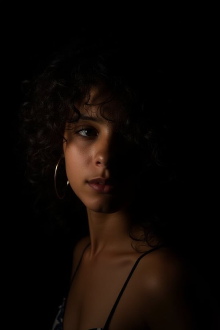  A Latina woman, her curly hair spilling over her shoulders, the only light softly tracing her face against the black backdrop, lowkey_shot.