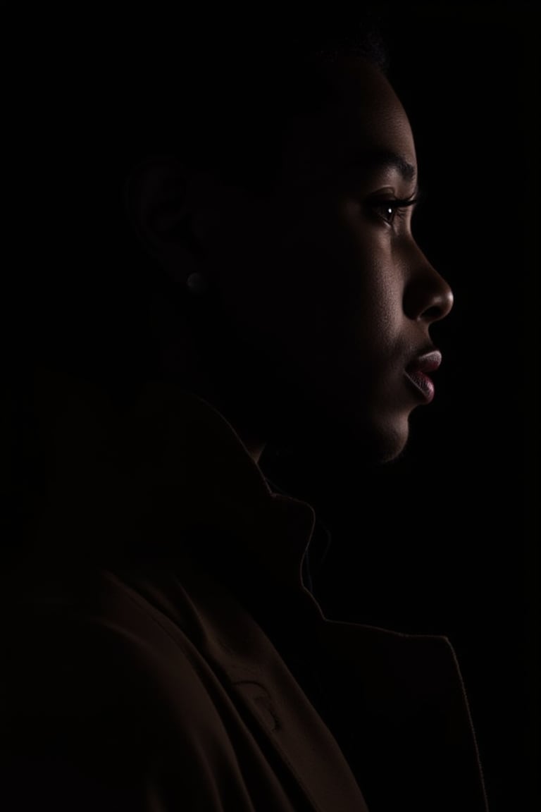 An African woman, with her jawlines highlighted, wearing a minimalist jacket, the soft glow of light catching his cheekbone in an otherwise dark room, lowkey_shot.