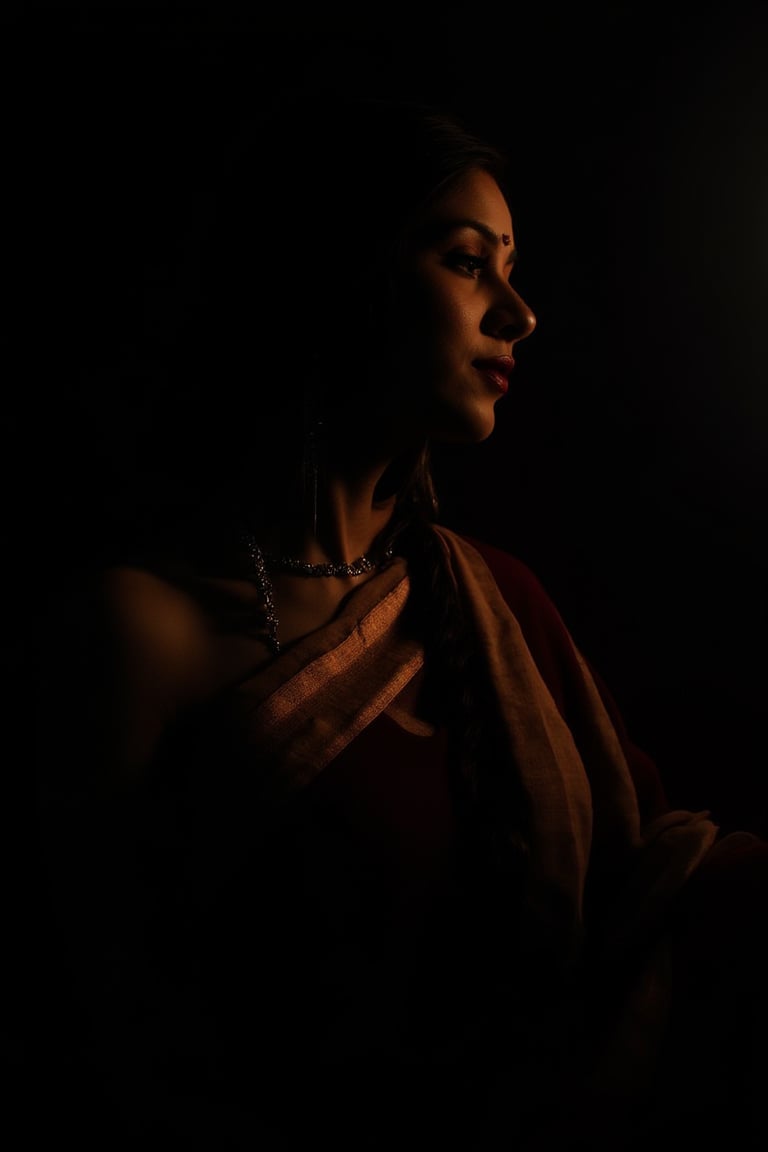 An Indian woman, draped in a simple sari, the dim light reflecting off her jewelry, creating an intimate contrast between her warm skin and the dark background, lowkey_shot.