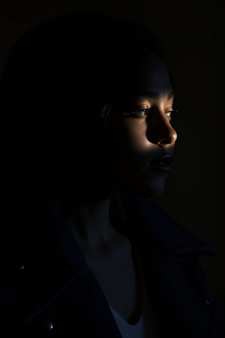 An African female, with her jawlines highlighted, wearing a minimalist jacket, the soft glow of light catching his cheekbone in an otherwise dark room, lowkey_shot.