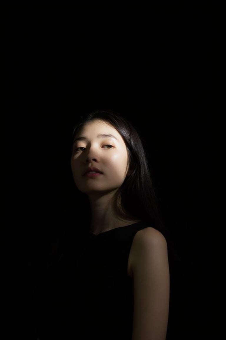 A Korean girl, her delicate features barely visible in the shadows, the light outlining her profile and long black hair, creating a dramatic and serene effect, lowkey_shot.