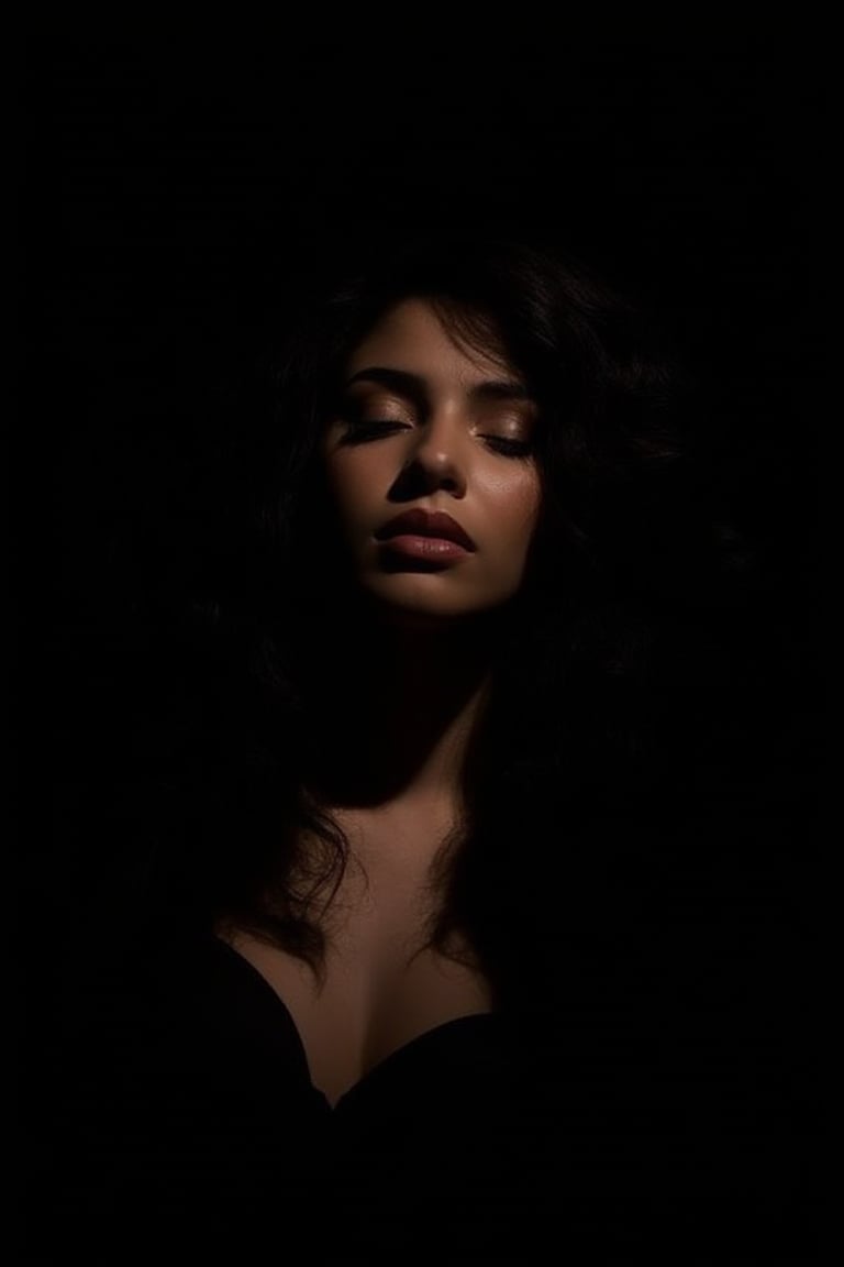 A Latina woman, her curly hair spilling over her shoulders, the only light softly tracing her face against the black backdrop, lowkey_shot.