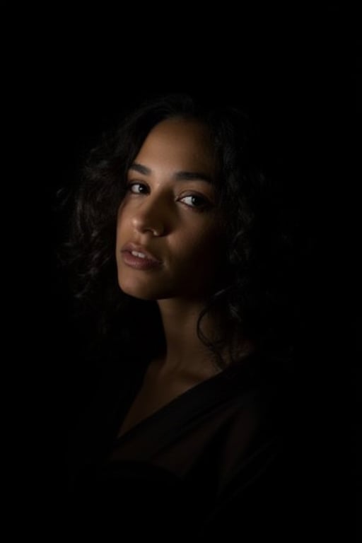 A Latina woman, her curly hair spilling over her shoulders, the only light softly tracing her face against the black backdrop, lowkey_shot.