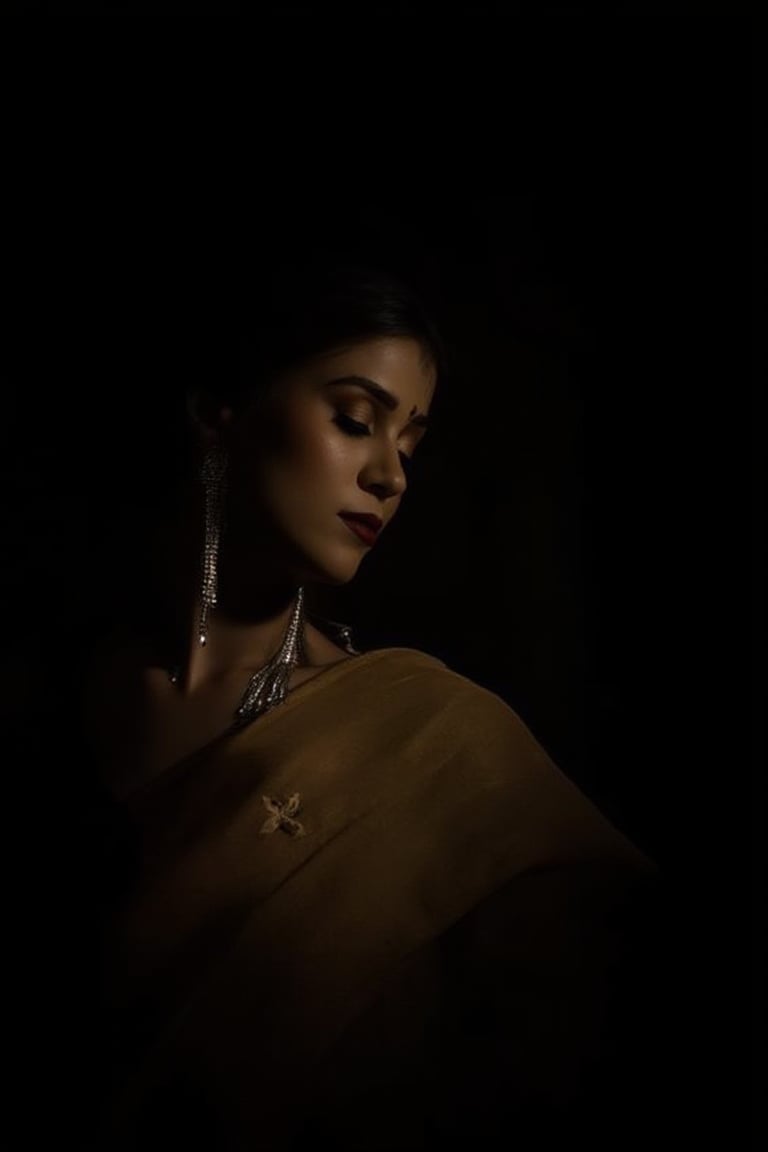 An Indian woman, draped in a simple sari, the dim light reflecting off her jewelry, creating an intimate contrast between her warm skin and the dark background, lowkey_shot.