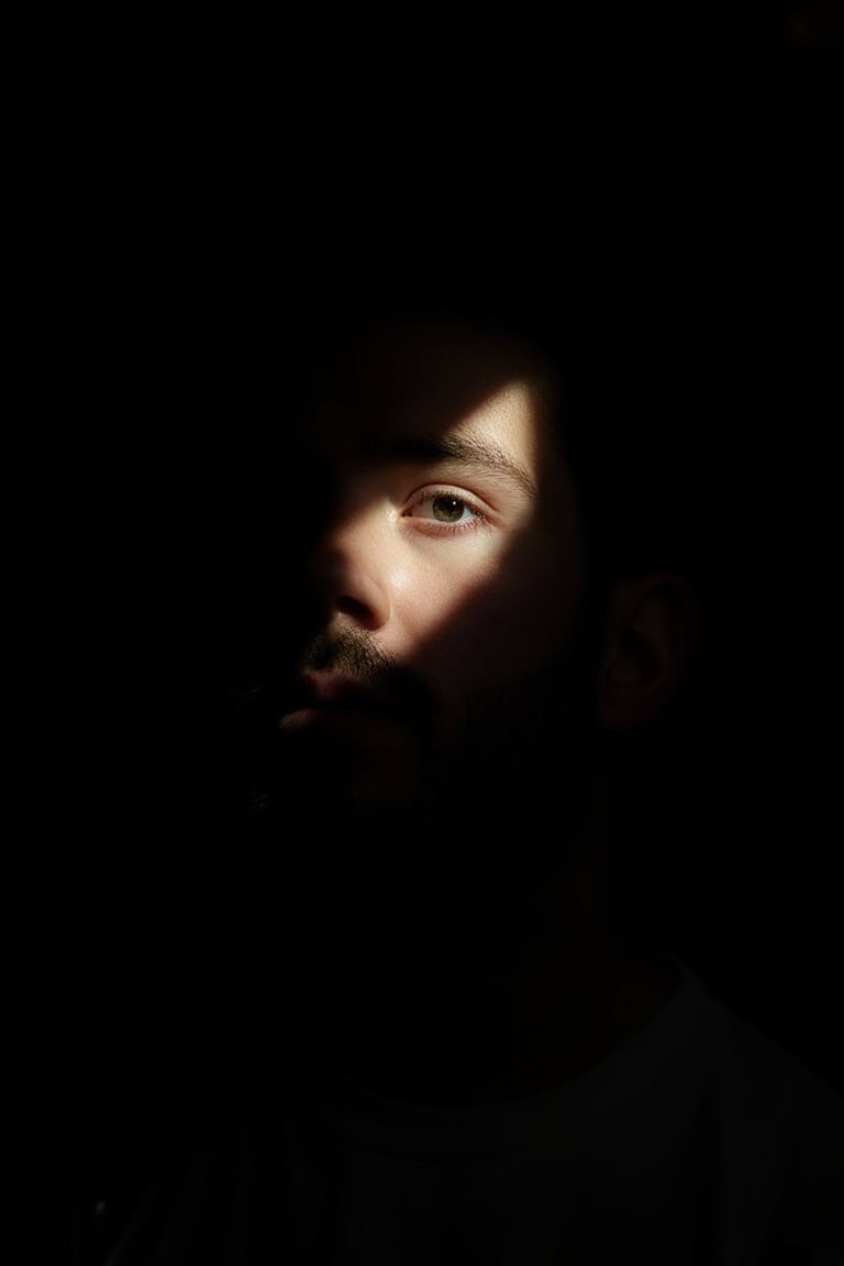 A Caucasian man, his beard softly lit as the light grazes his cheek, casting long shadows on the rest of his face, set against a deep, dark room, lowkey_shot.