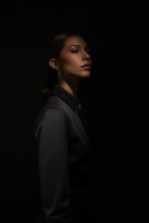 An African female, with her jawlines highlighted, wearing a minimalist jacket, the soft glow of light catching his cheekbone in an otherwise dark room, lowkey_shot.