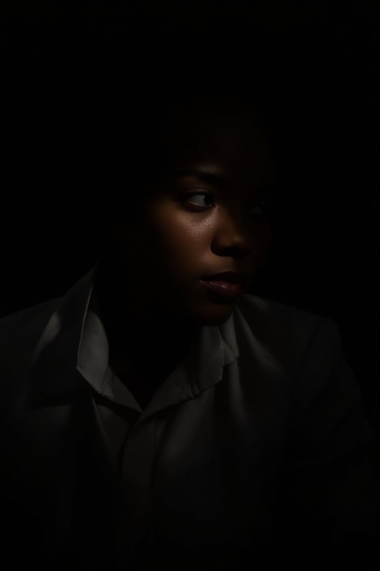 An African woman, with her jawlines highlighted, wearing a minimalist jacket, the soft glow of light catching his cheekbone in an otherwise dark room, lowkey_shot.