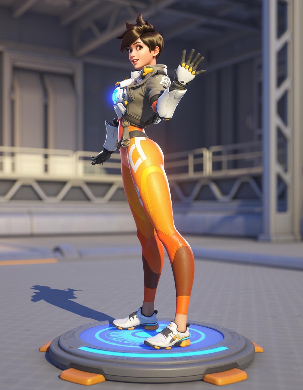 Girl stands on platform,  <lora:tracer_overwatch_2:1>