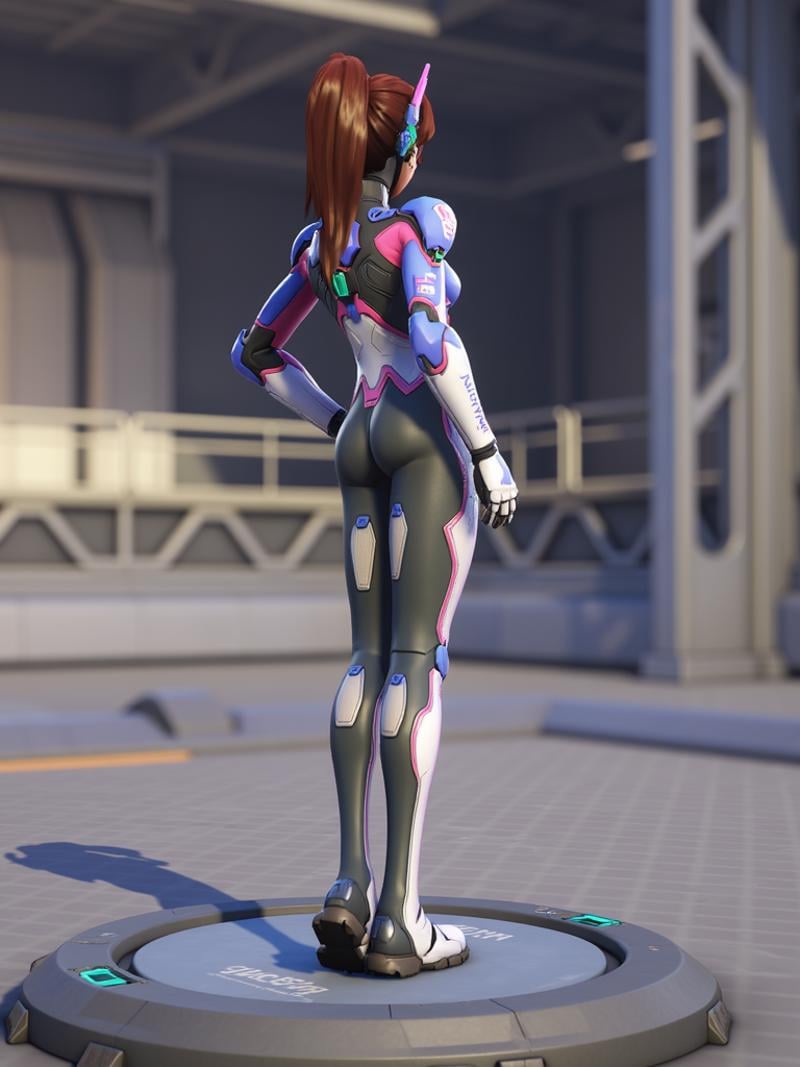 D.Va stands on platform, full body, back side, <lora:d.va_overwatch_2:1>