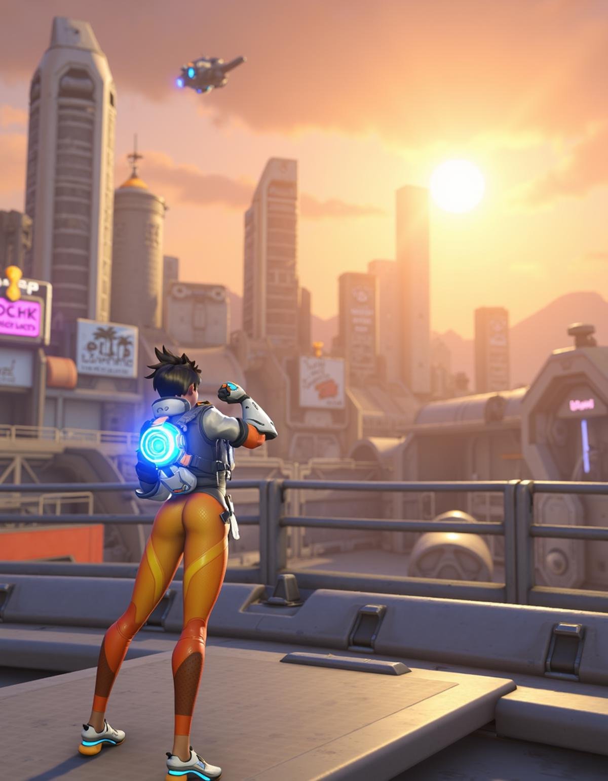 Tracer from Overwatch 2 standing on a neon-lit platform, overlooking a vast cyberpunk metropolis. The city is filled with towering skyscrapers, holographic advertisements, and flying vehicles. Neon signs for 'The Palms' and 'Louie Landing' visible in the background. The cityscape is shrouded in a hazy, golden-hour atmosphere. Tracer's chronal accelerator glows bright blue, contrasting with the warm tones of the sunset. Her silhouette is dynamic, poised as if ready to blink into action. The art style blends Overwatch's vibrant character design with the gritty, detailed cyberpunk aesthetic of the reference image. Flying ships and distant Space Needle-like structure visible in the smoggy sky,<lora:tracer_overwatch_2_v2:1>