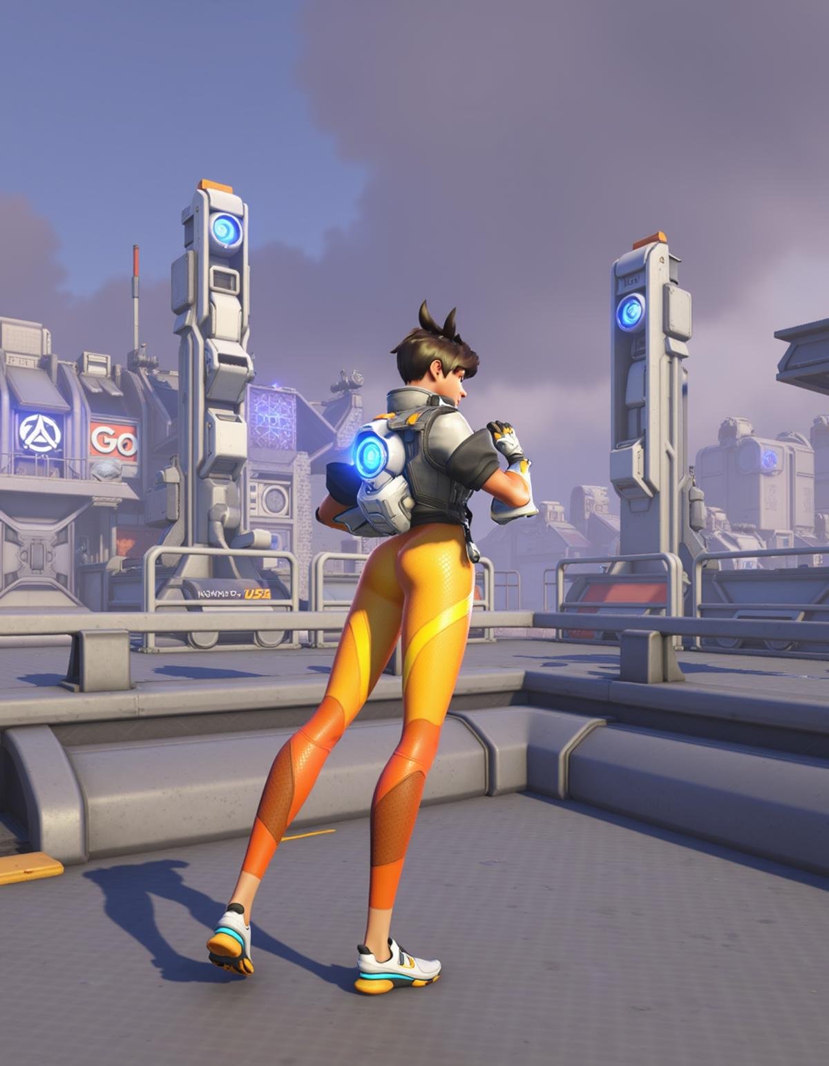 Tracer from Overwatch 2 stands confidently on a sleek, futuristic platform, overlooking a sprawling cyberpunk cityscape. The city is bathed in neon lights with towering skyscrapers, holographic advertisements, and hovercrafts zooming through the sky. The scene is set during twilight, with the sky a mix of purples and oranges, giving the city an otherworldly glow. The architecture is a blend of dystopian and futuristic styles, with an emphasis on intricate details, metallic textures, and vibrant colors. The atmosphere is thick with fog and smog, creating a moody and immersive environment. The overall art style should match the polished, dynamic aesthetic of Overwatch 2, with a focus on capturing Tracer’s energetic and heroic presence against the backdrop of this vast, cyberpunk metropolis, <lora:tracer_overwatch_2_v2:1>