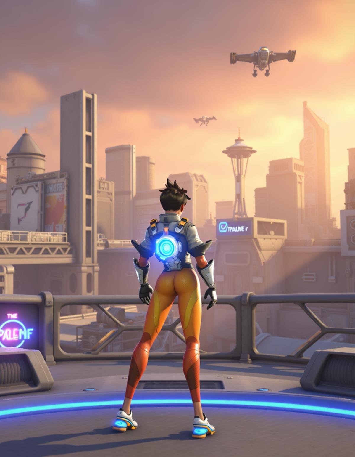 Tracer from Overwatch 2 standing on a neon-lit platform, overlooking a vast cyberpunk metropolis. The city is filled with towering skyscrapers, holographic advertisements, and flying vehicles. Neon signs for 'The Palms' and 'Louie Landing' visible in the background. The cityscape is shrouded in a hazy, golden-hour atmosphere. Tracer's chronal accelerator glows bright blue, contrasting with the warm tones of the sunset. Her silhouette is dynamic, poised as if ready to blink into action. The art style blends Overwatch's vibrant character design with the gritty, detailed cyberpunk aesthetic of the reference image. Flying ships and distant Space Needle-like structure visible in the smoggy sky,<lora:tracer_overwatch_2_v2:1>