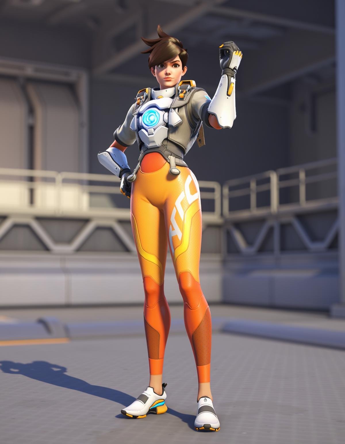 Tracer stands on platform, close camera to the face, fit body, <lora:tracer_overwatch_2_v3:1>