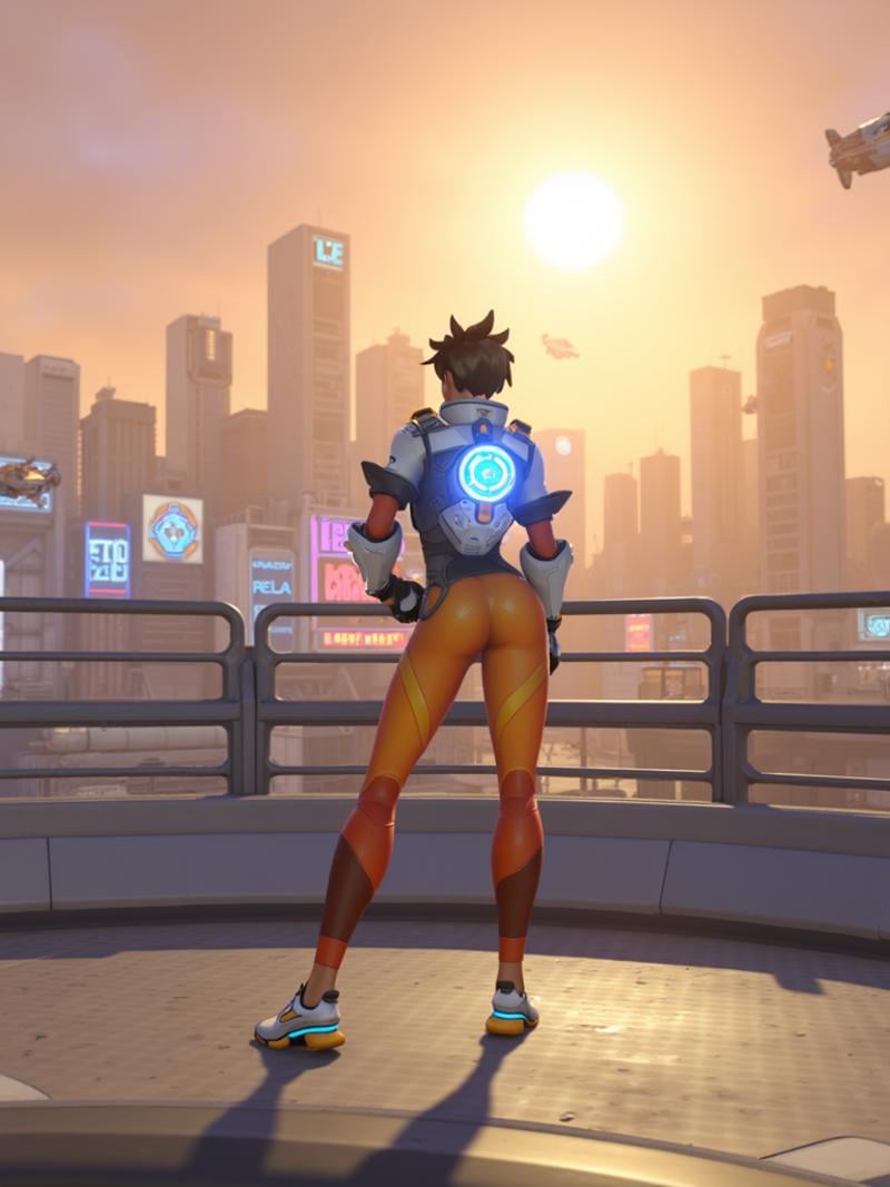 Tracer from Overwatch 2 standing on a neon-lit platform, overlooking a vast cyberpunk metropolis. The city is filled with towering skyscrapers, holographic advertisements, and flying vehicles. Neon signs for 'The Palms' and 'Louie Landing' visible in the background. The cityscape is shrouded in a hazy, golden-hour atmosphere. Tracer's chronal accelerator glows bright blue, contrasting with the warm tones of the sunset. Her silhouette is dynamic, poised as if ready to blink into action. The art style blends Overwatch's vibrant character design with the gritty, detailed cyberpunk aesthetic of the reference image. Flying ships and distant Space Needle-like structure visible sunny sky, <lora:tracer_overwatch_2_v3:1>