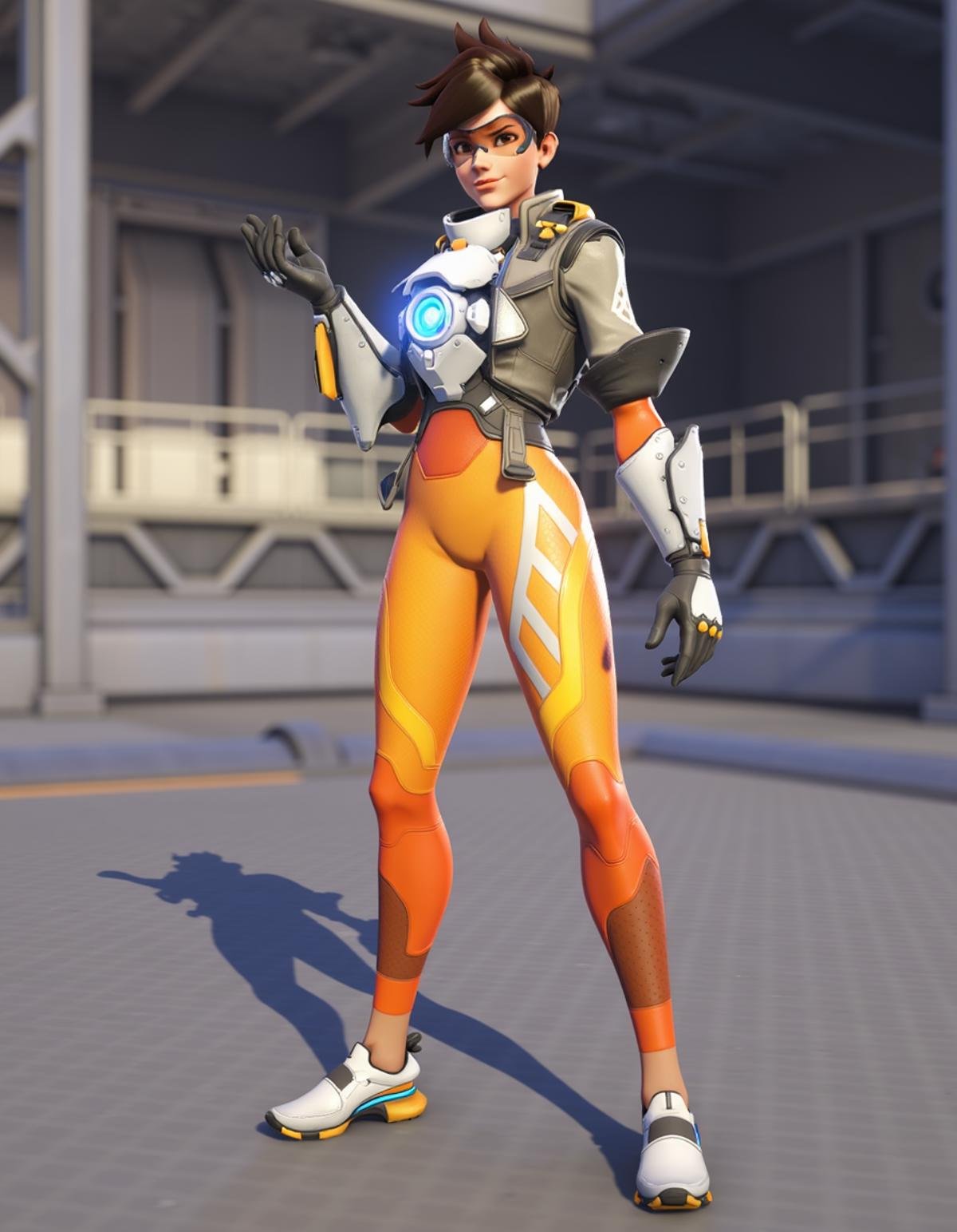 Tracer stands on platform, close camera to the face, gloves, goggles,  fit body, <lora:tracer_overwatch_2_v3:1>