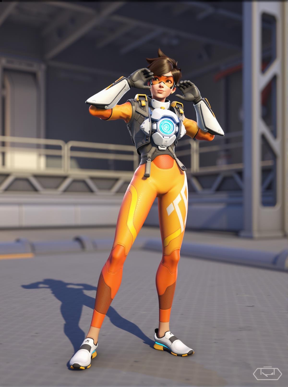 Tracer stands on platform, close camera to the face, gloves, goggles,  fit body, <lora:tracer_overwatch_2_v3:1>