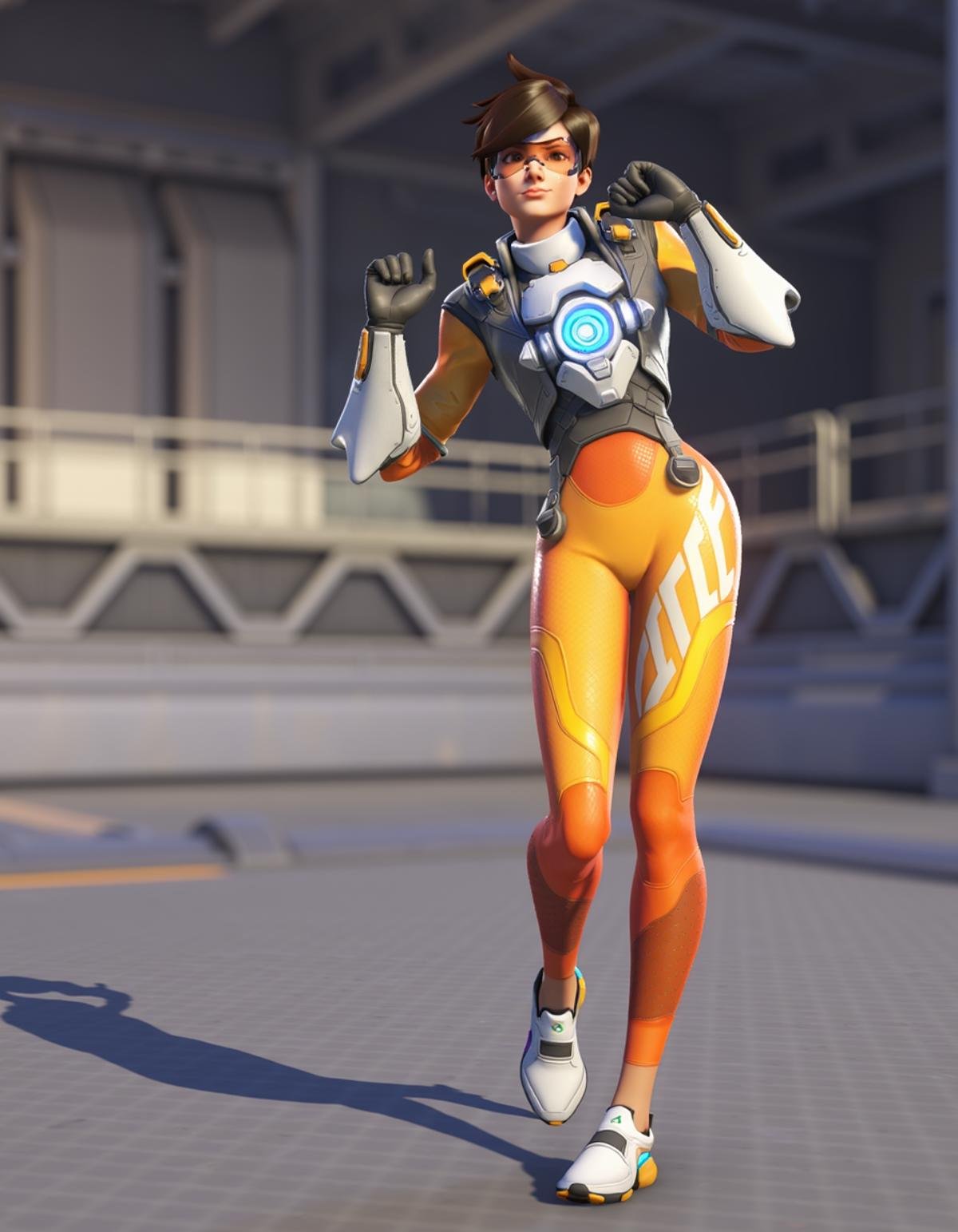 Tracer stands on platform, close camera to the face, gloves, goggles,  fit body, <lora:tracer_overwatch_2_v3:1>