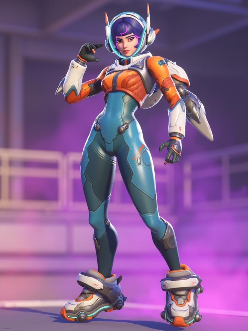 Juno from Overwatch 2, inspired by the reference, standing in a confident pose with futuristic armor. The digital art should emphasize sleek lines and bold colors, showcasing her dynamic energy. Unique design elements should highlight her as a powerful and stylish hero, with an intense, vibrant backdrop, <lora:juno_overwatch_2:1>