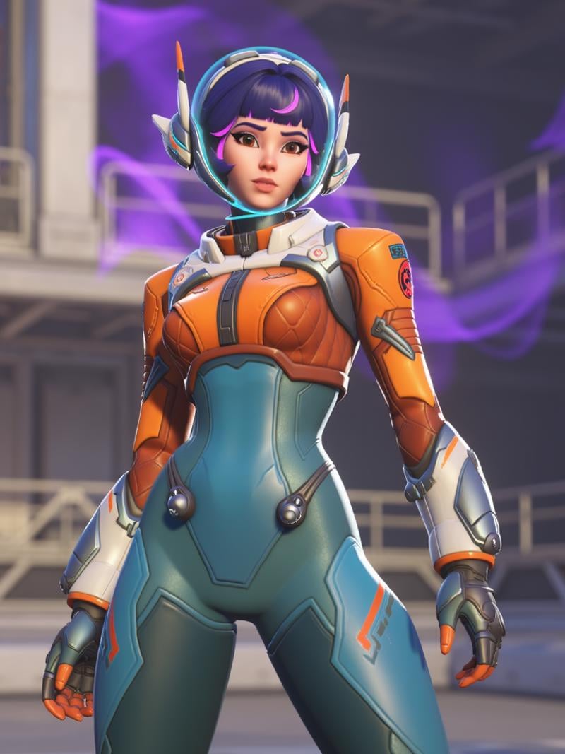 Juno from Overwatch 2, inspired by the reference, standing in a confident pose with futuristic armor. The digital art should emphasize sleek lines and bold colors, showcasing her dynamic energy. Unique design elements should highlight her as a powerful and stylish hero, with an intense, vibrant backdrop, <lora:juno_overwatch_2:1>