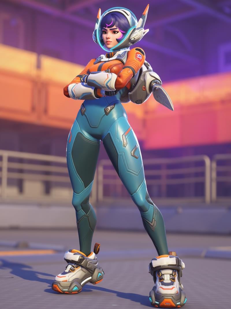 Juno from Overwatch 2, inspired by the reference, standing in a confident pose with futuristic armor. The digital art should emphasize sleek lines and bold colors, showcasing her dynamic energy. Unique design elements should highlight her as a powerful and stylish hero, with an intense, vibrant backdrop, <lora:juno_overwatch_2:1>